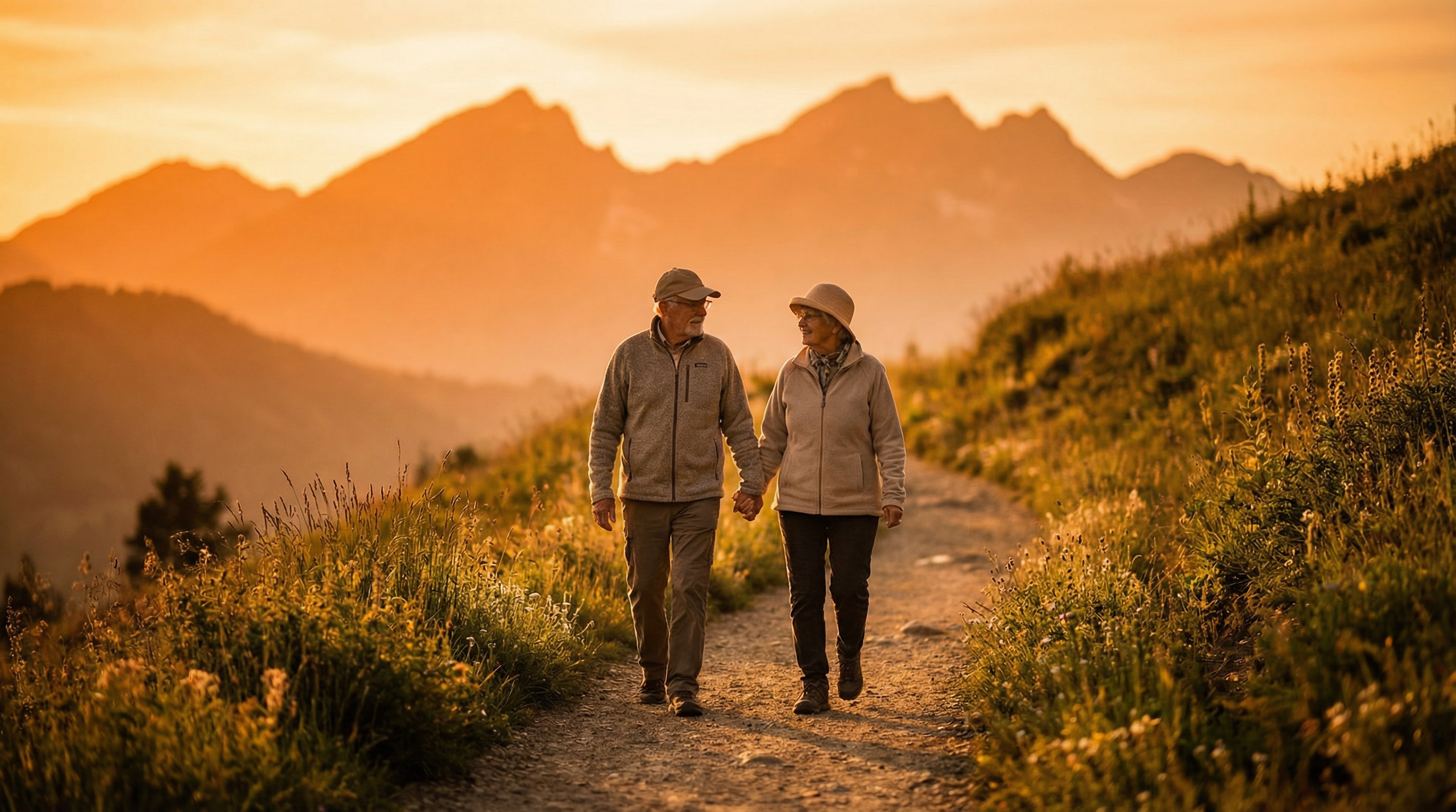 Couple walking on a path at sunset towards mountains